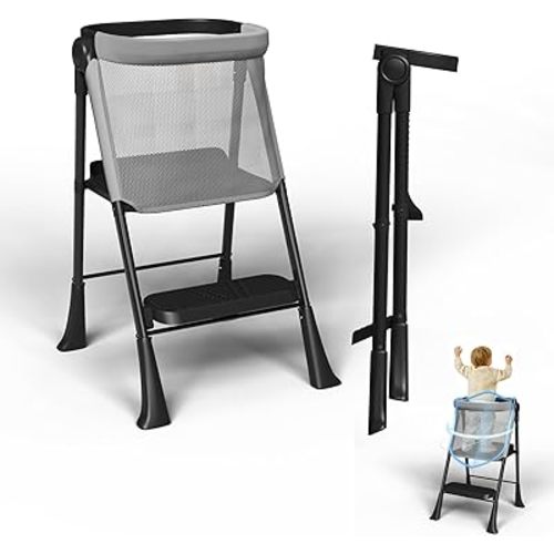 Toddler Standing Tower, Foldable Toddler Safety Stool with Protective Net for Kitchen & Bathroom Sink,for Ages 1-6 & Designed to Foster Independence,Black
