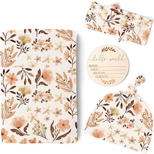 Konssy Baby Girl Newborn Receiving Blanket with Matching Headband and Beanie Set Baby Swaddle Floral Print Nursery Swaddle Wrap
