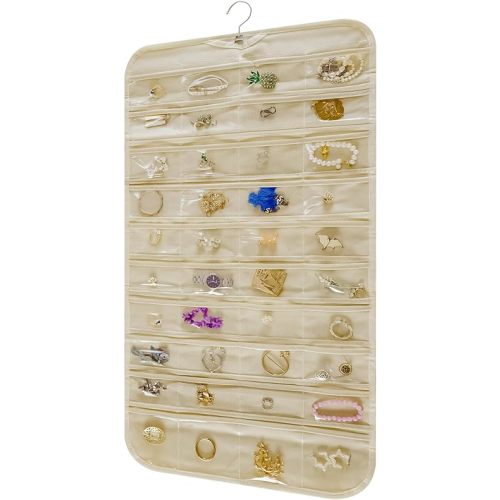 Hanging Jewelry Organizer Storage Roll with Hanger Metal Hooks Double-Sided Jewelry Holder for Necklaces, Earrings, Rings on Door, Wall, Closet, 80 Pocket Organizer,Beige