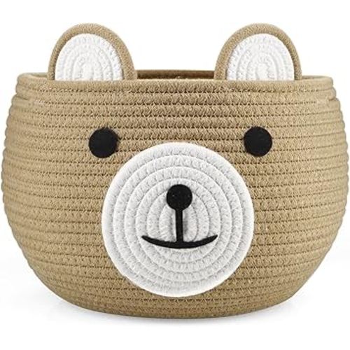 PandaEar Cotton Rope Baby Basket, Baby Gift Basket Nursery Laundry Organizer with Cute Bear Design for Storage Infant Newborn Essentials, Diaper Caddy with Handle (Brown)