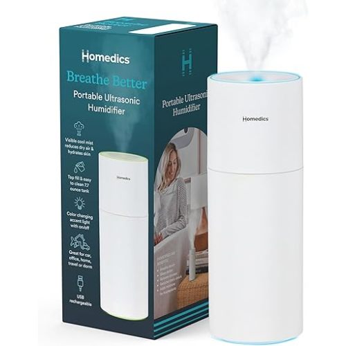 Homedics Portable Humidifier - Small Air Humidifiers for Bedroom, Plants, Office, Travel - Cool Mist Humidifiers, Color-Changing Accent Light, 2 Mist Settings, White