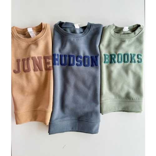 Custom Kids Name Sweatshirt, Personalized Puff Print Crewneck for Boys, Cozy Fleece Pullover, Earth Tone Simple Boy Sweatshirt