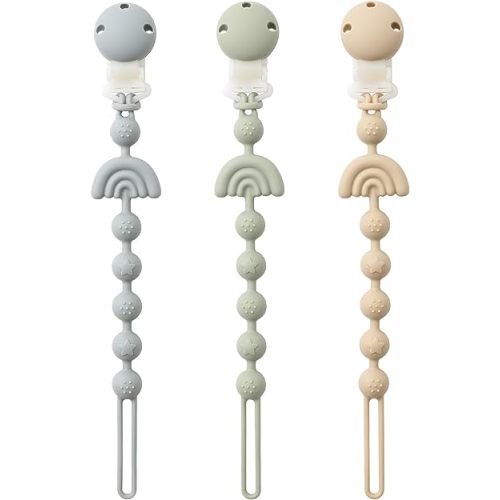 Baby Pacifier Clips One Piece Binky Clip Holder Silicone Teether Clip Pacifier Straps with Clip Baby Teether Toys for Boys and Girls Set of 3 Andy Bear-Ivory+Sage+Baby Blue