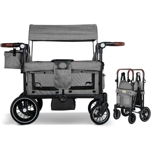 Wagon Stroller for 2 Kids, Foldable Kids Wagon Cart Featuring with Harnesses, Adjustable Double Push Handle, Removable Canopy, Snack Tray, Large Storage Bag, Gray