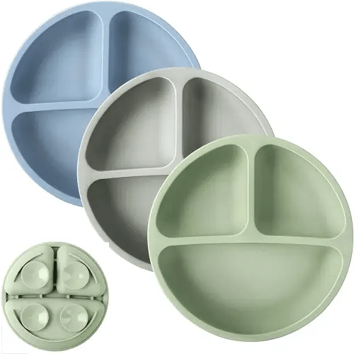 Toddler Plates 3 Pack - Suction Plates for Baby - 100% Silicone Baby Plates - BPA Free - Microwave and Dishwasher Safe - Divided Design - Blue,Green&Grey