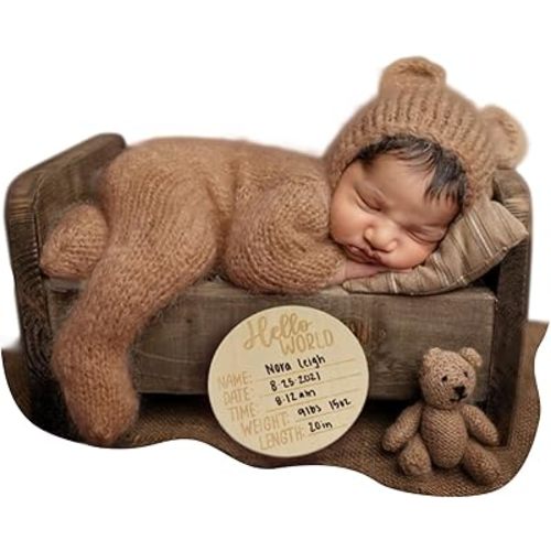 Baby Boy Costume Newborn Outfits, Newborn Photography Outfits Boy Girl with Bonnet, Hand-Knitted Teddy Bear Costume with Baby Announcement Sign