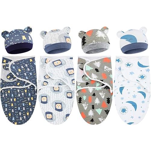 Buryeah 4 Pack Preemie Swaddle Blanket Wrap Set with Hat for Baby Boys Girls 3-7 Lbs Preemie Newborn Clothes Sleepers Cap (Dark Blue,Bear)