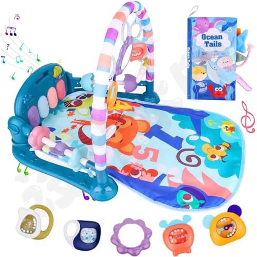 VZO Baby Gyms Play Mats, Infant Play Mat and Activity Gym, Baby Play Piano Gym Mat, Play Mats for Babies Newborns and Toddlers, Tummy Time Activity Mat Toys 0-3-6-12 Months (Blue)