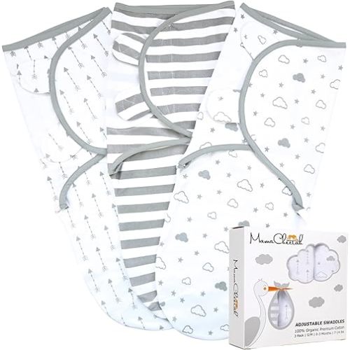 Mama Cheetah Organic Baby Swaddle Blanket, Adjustable Newborn Swaddle Sleep Sacks, Easy Swaddles for Boys and Girls 0-3 Months, Nursery Swaddling Essentials, 3-Pack, Grey