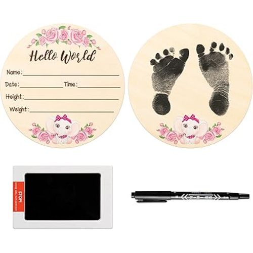 R HORSE Hello World Newborn Announcement Sign with Ink Pad for Baby Hand and Footprints, Wooden Baby Birth Announcement Sign with Marker Pen, Baby Name Sign for Nursery Baby Shower Birthday Gift