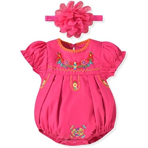 HINTINA Newborn Baby Girl Mexican Ethnic Embroidery Floral Bodysuit With Headband