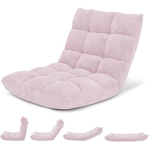 Giantex Floor Chair with Back Support, 14 Adjustable Position, Padded Sleeper Bed, Couch Recliner, Gaming Floor Chairs for Meditation, Adults, Living Room, Gaming Chair Floor, Light Pink