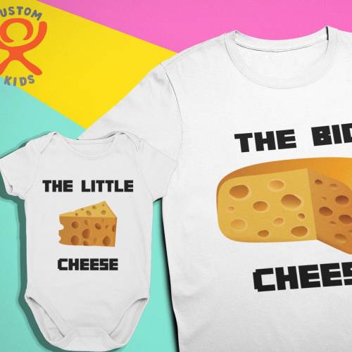 The big cheese & the little cheese, one-piece baby grow and adult t-shirt, toddler and parent gift idea.