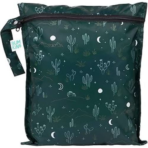 Bumkins Waterproof Wet Bag for Baby, Travel, Swim Suit, Cloth Diapers, Pump Parts, Pool, Beach, Gym Clothes, Toiletry, Hook to Stroller, Daycare, Zipper Reusable Wetdry Packing, Starry Cactus Dk Green