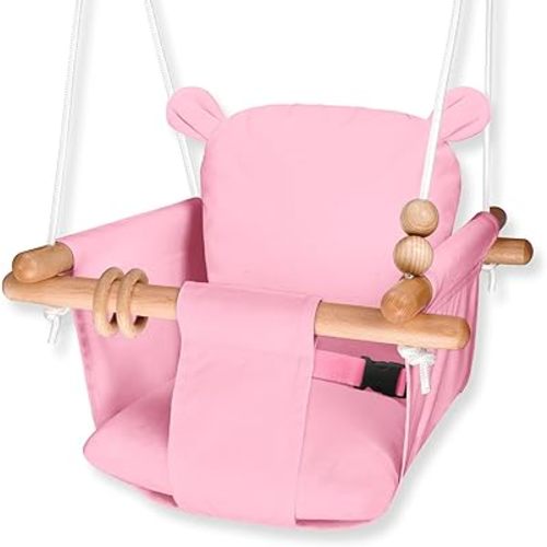 Baby Swing Outside Indoor-Wooden Infant Swing Outdoor, Secure Canvas Baby Hanging Swing Seat Porch Swing Chair for Tree and Backyard for Toddler