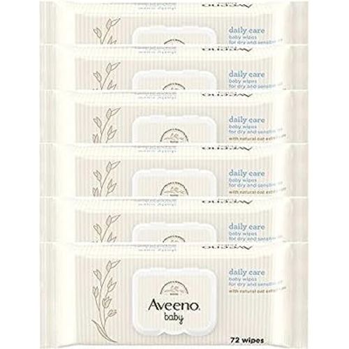 AVEENO Baby Daily Care Wipes - Cleanse Gently and Efficiently - Baby Wipes - Baby Essentials - 72 Wipes, Lid On Each Pack, Pack of 6 (432 Wipes in Total)