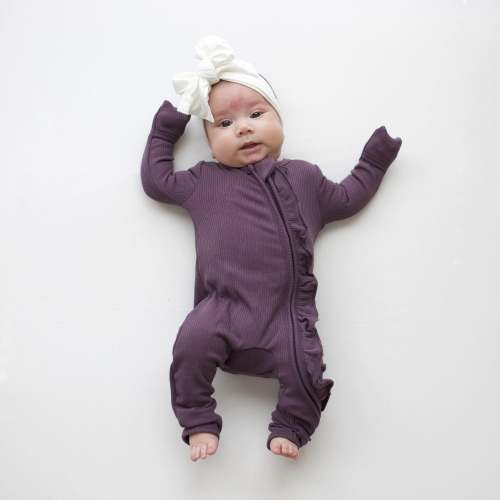 Ribbed Ruffle Zipper Romper in Currant