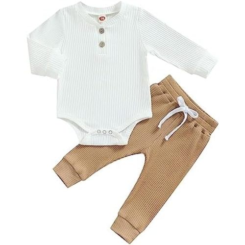 Newborn Baby Boy Girl Clothes Ribbed Knitted Long Sleeve Romper Pants Solid Cotton Infant Fall Winter Outfits 2Pcs
