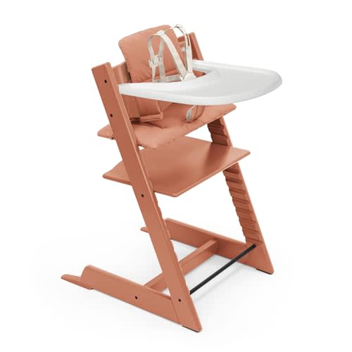 Stokke Tripp Trapp High Chair 2 (Terracotta), Cushion 2 (Terracotta) + Stokke Tray (White) - Includes Chair + Baby Set 2 with Removable Harness for Children 6-36 Months