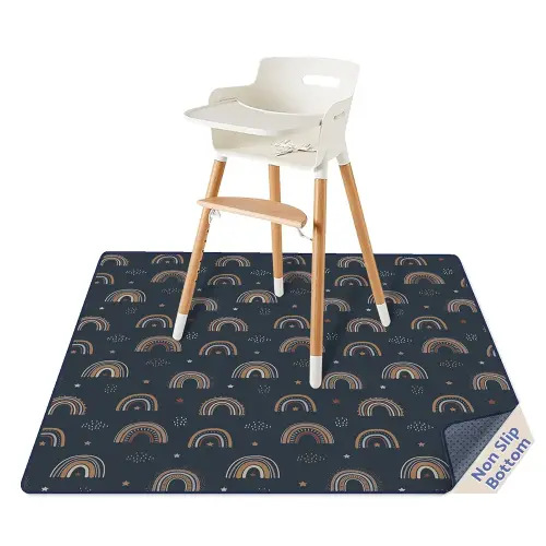 Blissful Diary Baby Splat Mat for Under High Chair, 50.4 x 50.4 Inch Wipeable Splash Mat, Waterproof and Washable, Anti-Slip Floor Protector, Retro Rainbow