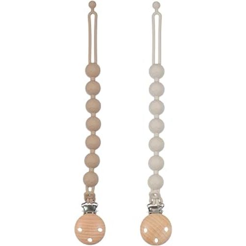 Silicone Pacifier Clips for Baby, 2-in-1 One Piece Design Pacifier Holder & Teething Ring Toy, BPA Free, 2 Pack (Sand+Light Grey)