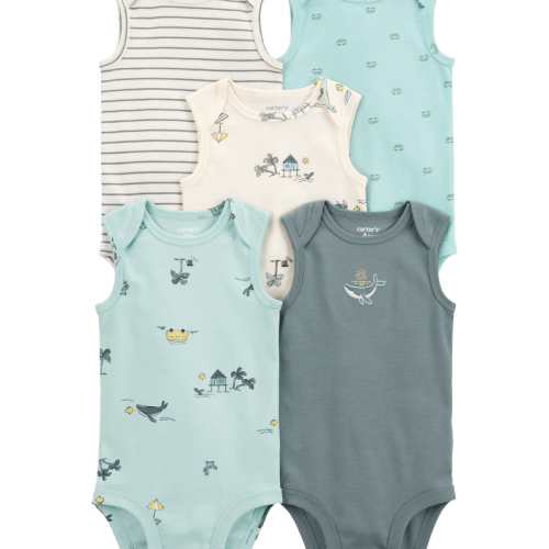 Blue/White Baby 5-Pack Ocean Print Sleeveless Bodysuits | Carter’s Oshkosh Canada