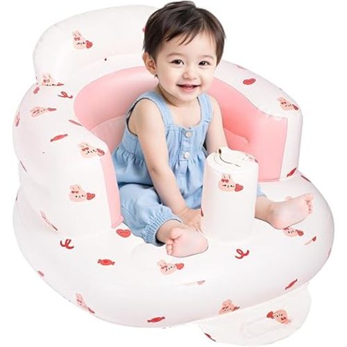 Inflatable Seat for Babies 3-36 Months, Baby Sit Up Chair with Built in Pump, Blow Up Baby Seats for Infants- Pink Bunny