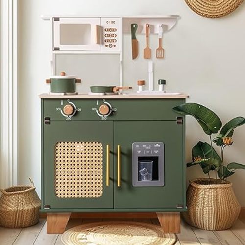 ROBOTIME Play Kitchen with Pretend Ice Cube Dispenser for Toddler, Wooden Kids Kitchen Play Set, Toy Kitchen Set for Kids Age 3 4 5 6 7 (Vintage Green)