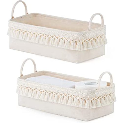 Mkono 2 Pack Storage Baskets for Bathroom Closet Shelf Boho Decor Small Storage Bins with Tassels Cute Rectangular Organizers with Handles for Bedroom Nursery Dorm, Ivory, 13.38"L x 6.3"W x 3.9"H
