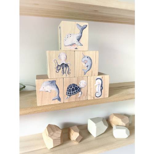 Ocean Nursery Decor - Ocean Theme Baby Gift - Under the Sea, Beach Inspired Decor Wooden Blocks