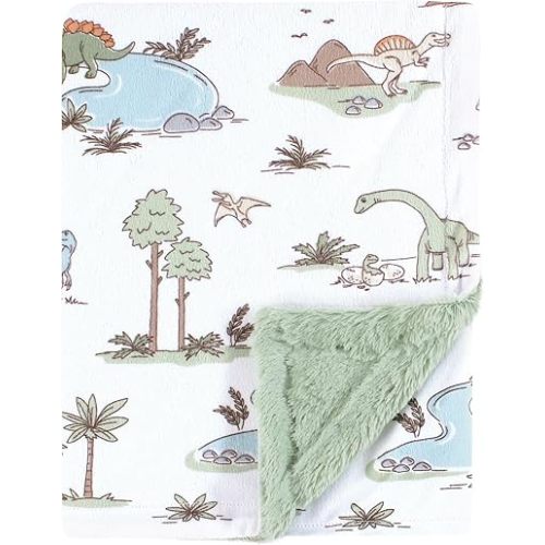 Hudson Baby Plush Blanket with Furry Binding and Back, Dinosaur Adventures, One Size
