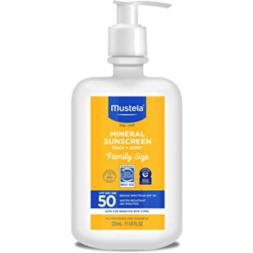 Mustela Baby Mineral Sunscreen Lotion SPF 50 Broad Spectrum - Face & Body Sun Lotion for Sensitive Skin - Water Resistant & Fragrance Free - Regular & Family Size