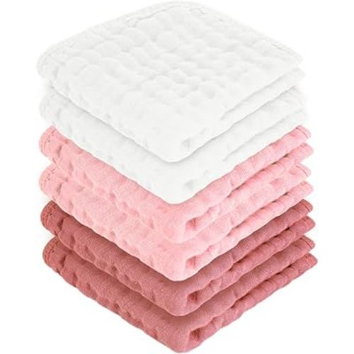 Baby Washcloths 100% Cotton Size is 12x12 inches. Lightweight, Portable, and Ideal for use at Home or on The go. (White & Pink 6 Pieces)