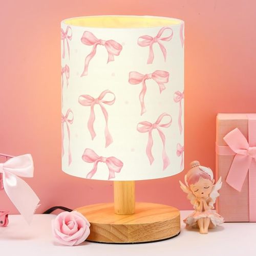 VIHOSE Bow Kids Table Lamp for Bedroom Kids Bedside Lamp with Linen Wooden Nightstand Cartoon Nursery Lampshade for Girls Boys Living Room
