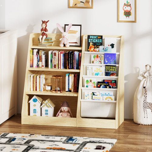 Hironpal Kids Bookshelf, 4 Tier Storage Book Rack and Five Layer Sling Bookshelf for Playroom,Burlywood