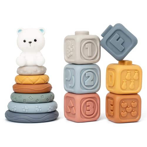 WFOGOC Montessori Stacking Toys Soft Building Blocks for Babies 6-12-18 Months, Infant Sensory Toy for Toddlers 1 2 3 Year Old, Silicone Soft Rings Stacker