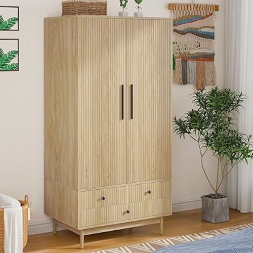 Armoire Wardrobe Closet with 2 Fluted Doors,64.96" Wooden Clothes Storage Cabinet with Hanging Rod and Shelf Storage,Wardrobe Cabinet with 3 Drawers,Freestanding Closet for Bedroom (Natural)