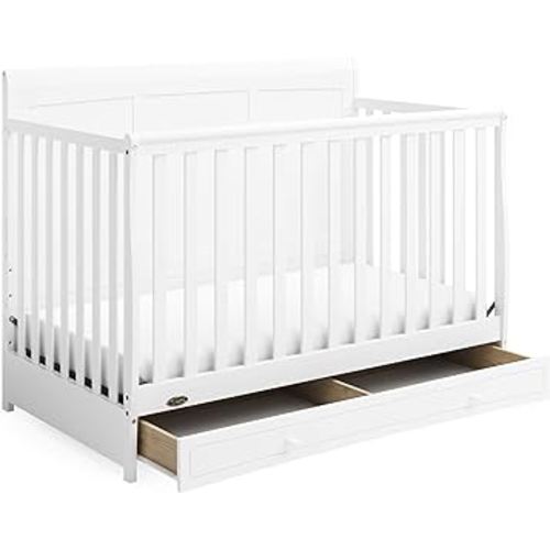 Graco Asheville 4-in-1 Convertible Crib with Drawer (White) – GREENGUARD Gold Certified, Crib with Drawer Combo, Full-Size Nursery Storage Drawer, Converts to Toddler Bed, Daybed and Full-Size Bed