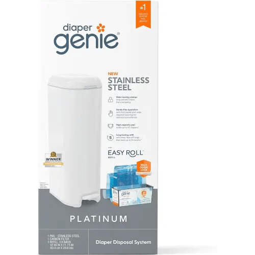 Diaper Genie Platinum Pail (Lilly White) is Made of Durable Stainless Steel and Includes 1 Easy Roll Refill with 18 Bags That can Last up to 5 Months.