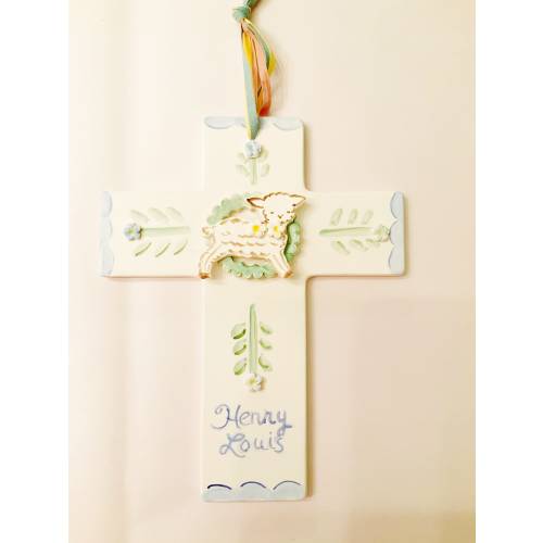Ceramic Cross Wreath with Lamb,cradle Cross, ceramic  Christening Gift, Baptism Gift