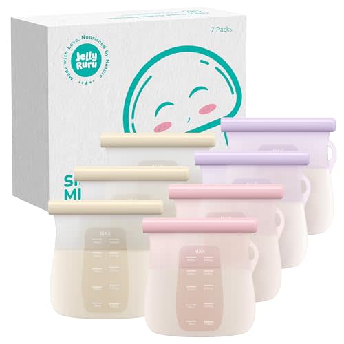 JellyRuru 7 PCS Reusable Breast Milk Storage Bags, 8.5oz 250ml Standard Silicone Breastmilk Freezer Storage Container, Leak-Proof & Self-Standing Milk Bags, Baby Food Bags