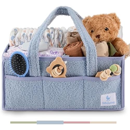 Babylicious Baby Diaper Caddy Organizer | Changing Table Organizer for Wipes and Diapers | Teddy Diaper Organizer for Changing Table | Newborn Essentials Must Haves for Parents - Misty Blue