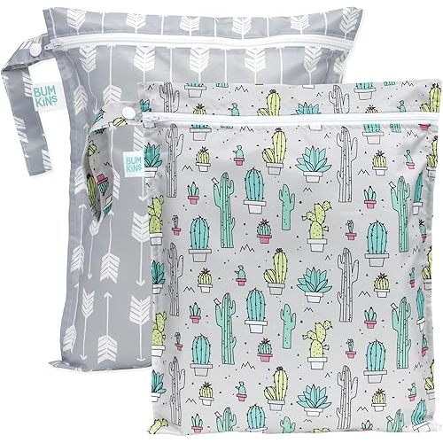 Bumkins Waterproof Wet Bag for Baby, Travel, Swim Suit, Cloth Diapers, Pump Parts, Pool, Gym, Toiletry, Strap to Stroller, Daycare, Zip Reusable Bag, Wetdry Packing Pouch, 2-pk