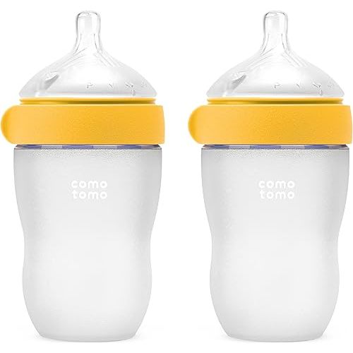Comotomo Silicone Baby Bottle Gen 2 – 2026 Release (8oz) – Soft, Wide-Neck Bottle for Comfortable Feeding with Dual Anti Colic Vents (Includes Medium Flow Nipples), Yellow (Double Pack)