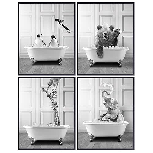 Funny Bathroom Decor for Women, Kids - Elephant, Bear, Giraffe, Penguin Wall Art - Bathroom Pictures - Bath Wall Decor - Cute Modern Bathroom Accessories - Cool Unique Bathroom Sign - Powder Room - 8x10