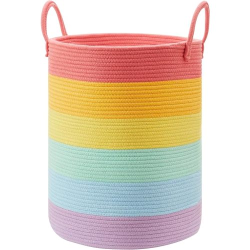20 Inches Rainbow Cotton Rope Laundry Basket Tall Hamper for Baby Nursery Toddler Little Girls Kids Room for Clothes Blanket Toy Storage Unicorn Room Decor in Playroom Bedroom Large