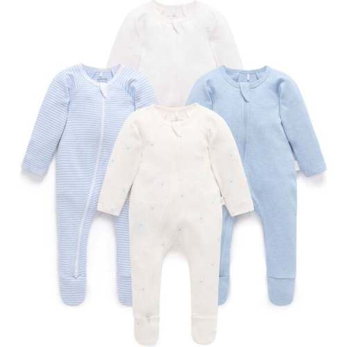 Purebaby 4-Pack Zip Footies in Pale Blue Bear - 3-6M