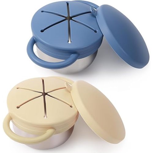 Solinfant 2 Pack Stainless Steel Spill Proof Snack Cup for Baby Toddlers Kids, with Silicone Food Catcher, Travel Lid, Spill-Proof Bowl Containers, Non Toxic BPA Free (Morandi Blue and Off-white)