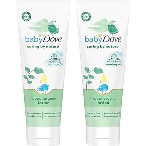 Baby Dove Hypoallergenic Lotion Caring By Nature 2 Count Build a Healthy Foundation for Your Baby's Skin Contains Vitamin E and 100% Natural Moringa Oil 13.5 fl oz (Pack of 2)