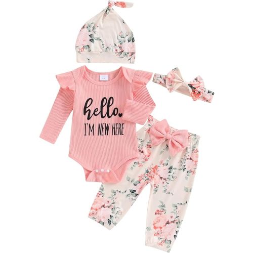 Hello World Newborn Outfit Baby Girl Going Home Outfit Ruffle Ribbed Romper Top Floral Pants Set Cute Summer Clothes